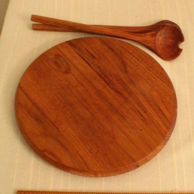 LOT #344: (2) Vintage Wooden Chargers w/ Wooden Salad Spoon and Fork