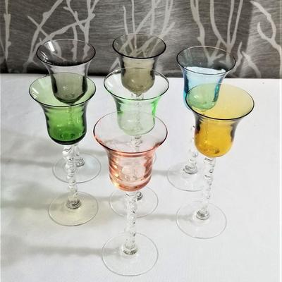 Lot #58  Set of 7 Cordial Glasses - barley twist stems