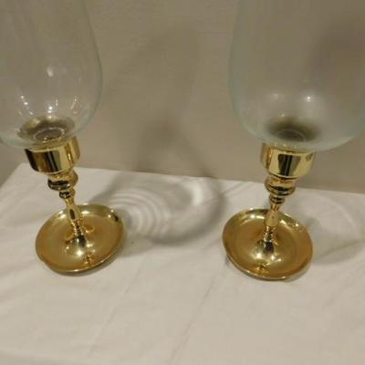 Choice Two Solid Brass Candle Holders with Glass Bell Shades 15