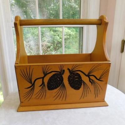 Solid Wood Magazine Rack with Relief Cut Design of Pine Cones 18