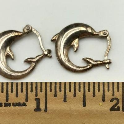 Signed NV Dolphin Puffy Hoop Earrings Sterling Silver