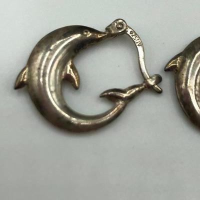 Signed NV Dolphin Puffy Hoop Earrings Sterling Silver