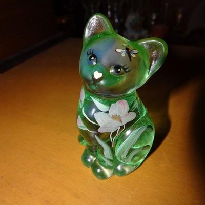 Vintage Green Fenton Glass Cat Figure, Kitten 