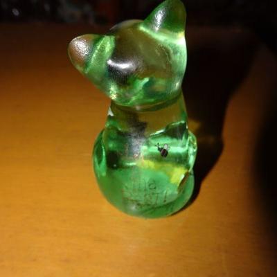 Vintage Green Fenton Glass Cat Figure, Kitten 