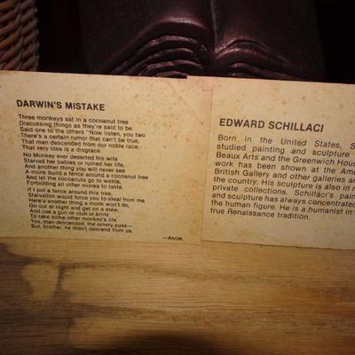 DARWIN MONKEY HOLDING SKULL FIGURE STATUE BRONZE COLOR 1969 APE Chalkware, Edward Schillaci 