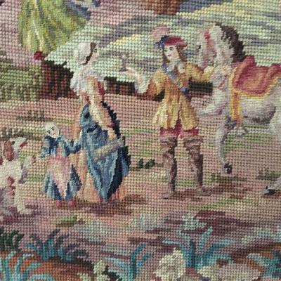 Antique Petit Point Tapestry Hand-Made Includes decorative hanging iron European Scene Lot # 151