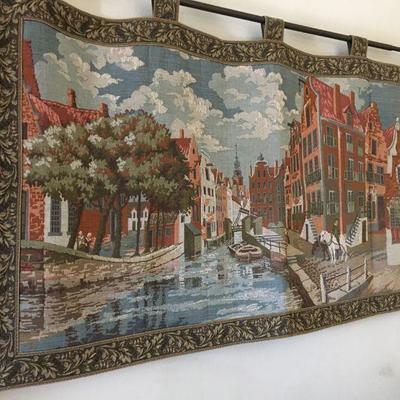 Amsterdam Canal Scene Horizontal Tapestry Vintage Machine Made w/ Decorative Iron Rod Lot 152