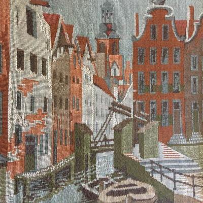 Amsterdam Canal Scene Horizontal Tapestry Vintage Machine Made w/ Decorative Iron Rod Lot 152