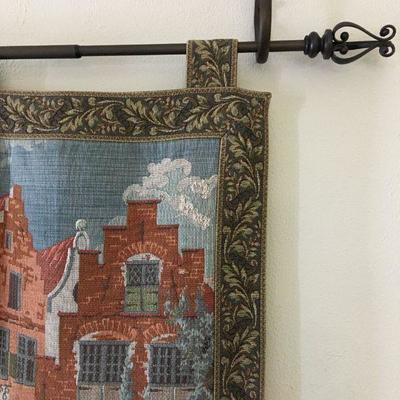 Amsterdam Canal Scene Horizontal Tapestry Vintage Machine Made w/ Decorative Iron Rod Lot 152