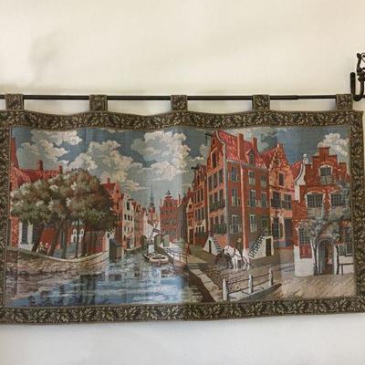 Amsterdam Canal Scene Horizontal Tapestry Vintage Machine Made w/ Decorative Iron Rod Lot 152
