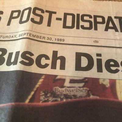 Newspaper announcing Gussie Busch dies