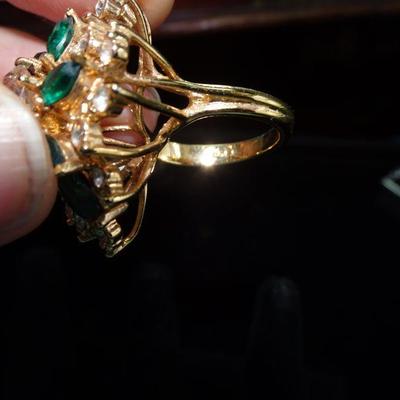 Simulated Emerald & Diamond Cluster Ring, Gold Filled
