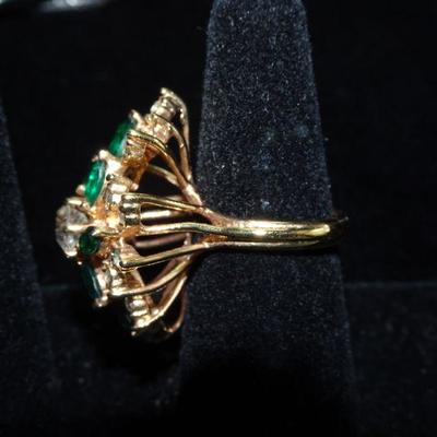 Simulated Emerald & Diamond Cluster Ring, Gold Filled