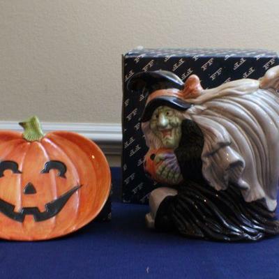 LOT #144: Fitz and Floyd Vintage Witch and Pumpkin Ceramic Halloween Deco
