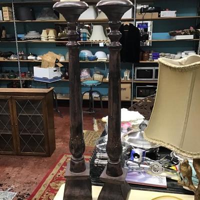 Pair of Faux Wood Candle Sticks Holders Stands - composite 35” tall