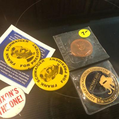 Political buttons and coin