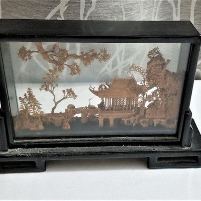 Lot #101  Delicate Cork Asian Temple Sculpture in Lacquer display case