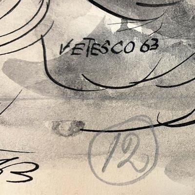 LOT#F19: 1963 Wladyslaw Vetesco [1911-1971] Wash Ink on Paper