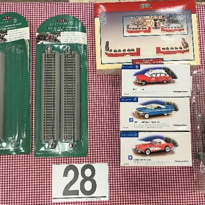 LOT#F28: Assorted Christmas Village Accessories including Department 56 Classic Cars