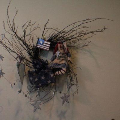 LOT #323: Patriotic Twig Wreath w/ Star Bows, Flags and Stars