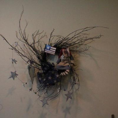 LOT #323: Patriotic Twig Wreath w/ Star Bows, Flags and Stars