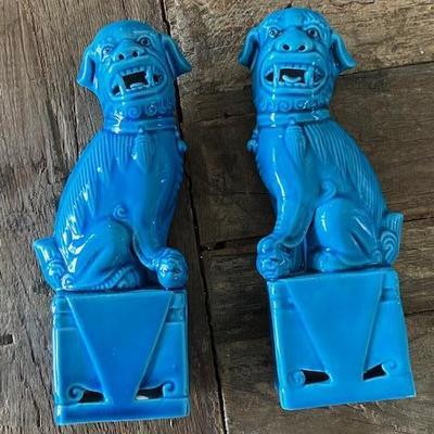 Pair of CHINESE FOO DOGS turquoise ceramic Antique Vintage