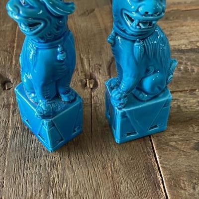 Pair of CHINESE FOO DOGS turquoise ceramic Antique Vintage