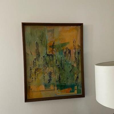 "CITYSCAPE" MIXED MEDIA painting decoupage mid century modern ORIGINAL ART
