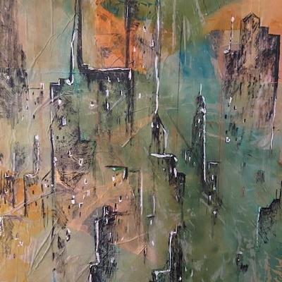 "CITYSCAPE" MIXED MEDIA painting decoupage mid century modern ORIGINAL ART