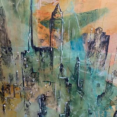 "CITYSCAPE" MIXED MEDIA painting decoupage mid century modern ORIGINAL ART