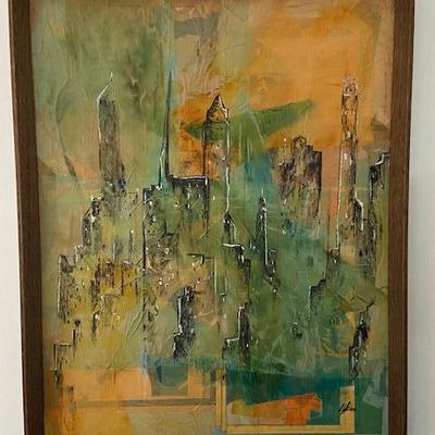 "CITYSCAPE" MIXED MEDIA painting decoupage mid century modern ORIGINAL ART