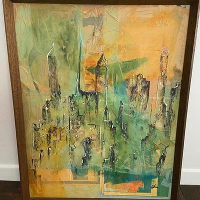 "CITYSCAPE" MIXED MEDIA painting decoupage mid century modern ORIGINAL ART