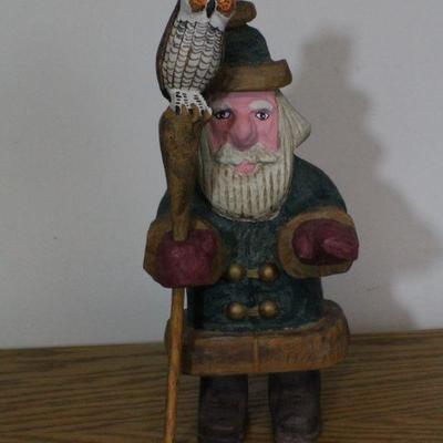 LOT #345: Handmade Wood Santa Claus w/ Owl companion Holiday Home deco