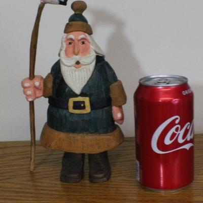 LOT #346: Handmade Wood Santa Claus w/ Bird on Walking Stick Home Holiday Deco 