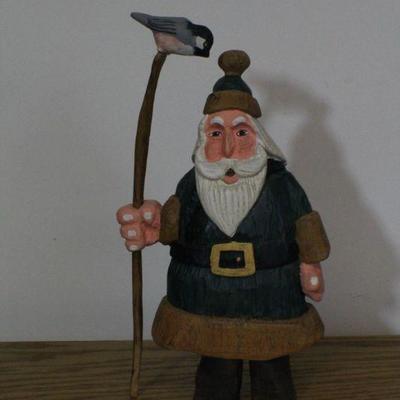 LOT #346: Handmade Wood Santa Claus w/ Bird on Walking Stick Home Holiday Deco 