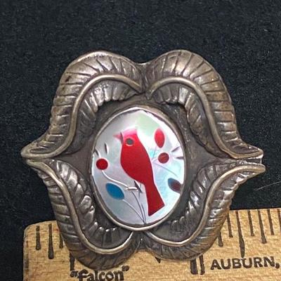 Southwestern Style Silver Ring with Bird Inlaid Stone Signed JB