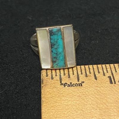 Mother of Pearl & Turquoise Inlaid Square Ring