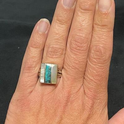 Mother of Pearl & Turquoise Inlaid Square Ring