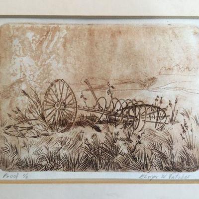 Proof 1/2 Etching by Elwyn w. Vatcher of Plow in Field Unframed on Mat lot 131