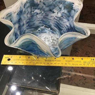 Hand Blown Art Glass - Decorative Bowl - Blue and White 