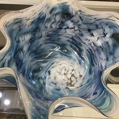 Hand Blown Art Glass - Decorative Bowl - Blue and White 