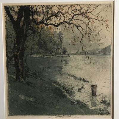 Hand Tinted Etching Early 20th C. European Landscape 15.5" x 17" lot 136