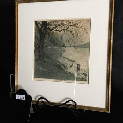 Hand Tinted Etching Early 20th C. European Landscape 15.5" x 17" lot 136