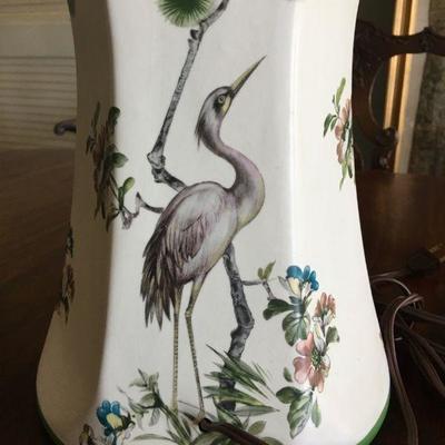 Asian Inspired Crane Decorated Pair of Lamps w/ Green Bands 37"H Shade Diameter 20" lot 137