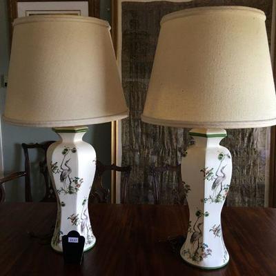 Asian Inspired Crane Decorated Pair of Lamps w/ Green Bands 37"H Shade Diameter 20" lot 137