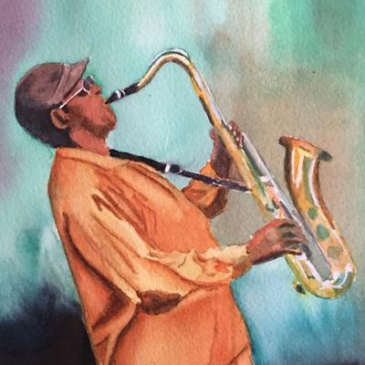 Joe Schlimm Watercolor Under Glass Sax Player - Wichita Mark Arts - Frame Size 16"W x 13"H lot 138