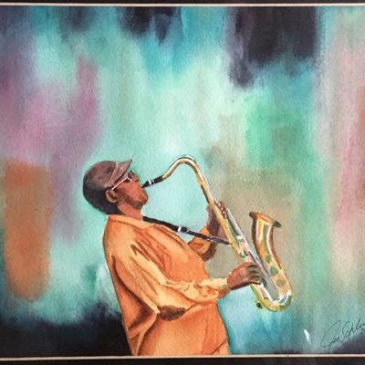 Joe Schlimm Watercolor Under Glass Sax Player - Wichita Mark Arts - Frame Size 16"W x 13"H lot 138