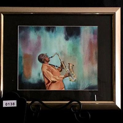 Joe Schlimm Watercolor Under Glass Sax Player - Wichita Mark Arts - Frame Size 16"W x 13"H lot 138