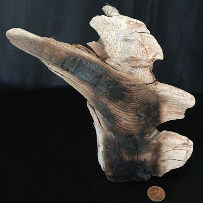 Folk Art Figure in Driftwood 8"H Signed Wax face Real Hair 8"H