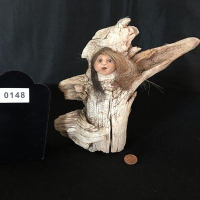 Folk Art Figure in Driftwood 8"H Signed Wax face Real Hair 8"H